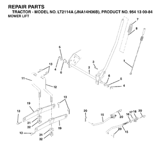 Mower Lift / Deck Lift Diagram and Parts List for LT2114A (954130084)(2003-05) Jonsered Lawn Tractor