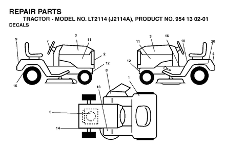 Decals Diagram and Parts List for LT2114 (954130201)(2003-01) Jonsered Lawn Tractor
