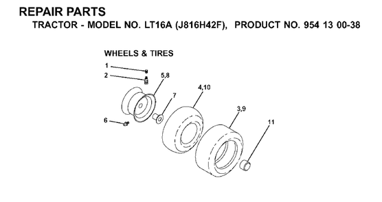 Wheels Tires Diagram and Parts List for LT16A (954130038)(2000-03) Jonsered Lawn Tractor
