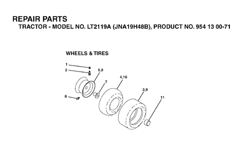 Wheels Tires Diagram and Parts List for LT2119A (954130071)(2003-05) Jonsered Lawn Tractor