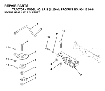 Sector Gear / Axle Support Diagram and Parts List for LR12 (954130034)(2000-04) Jonsered Lawn Tractor