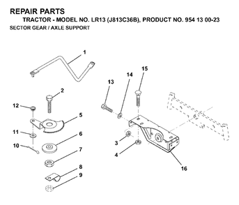 Sector Gear / Axle Support Diagram and Parts List for LR13 (954130023)(1998-12) Jonsered Lawn Tractor