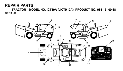 Decals Diagram and Parts List for ICT19A (954130068)(2002-02) Jonsered Lawn Tractor