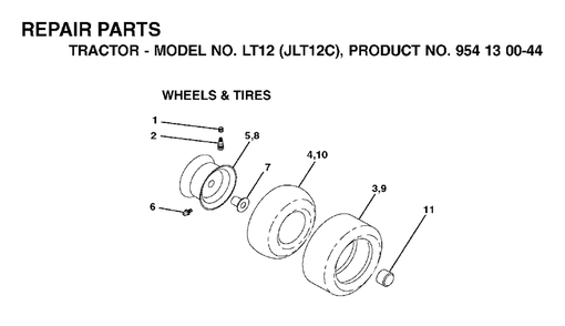 Wheels Tires Diagram and Parts List for LT12 (954130044)(2001-09) Jonsered Lawn Tractor