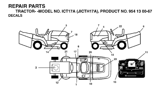 Decals Diagram and Parts List for ICT17A (954130067)(2002-02) Jonsered Lawn Tractor