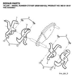 Tine Assembly Diagram and Parts List for CT2105F (960810001-03)(2007-02) Jonsered Tiller