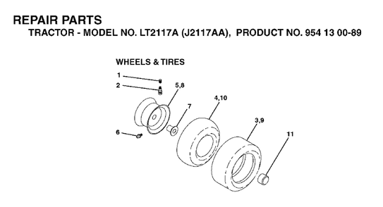 Wheels Tires Diagram and Parts List for LT2117A (954130089)(2003-01) Jonsered Lawn Tractor