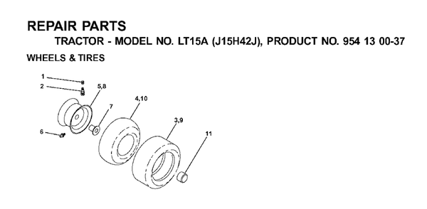 Wheels Tires Diagram and Parts List for LT15A (954130037-J)(2001-01) Jonsered Lawn Tractor