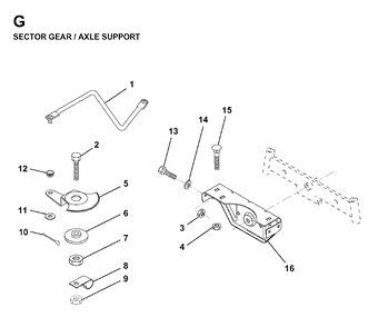 Sector Gear / Axle Support Diagram and Parts List for LR12 1998-04 Jonsered Lawn Tractor
