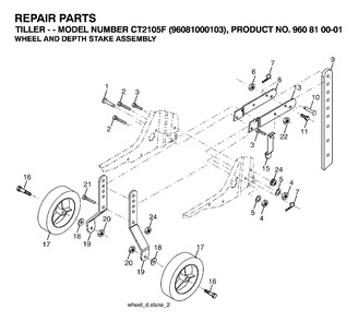 Wheel Depth Stake Assembly Diagram and Parts List for CT2105F (960810001-03)(2007-02) Jonsered Tiller