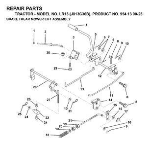 Brake / Rear Mower Lift Diagram and Parts List for LR13 (954130023)(1998-12) Jonsered Lawn Tractor