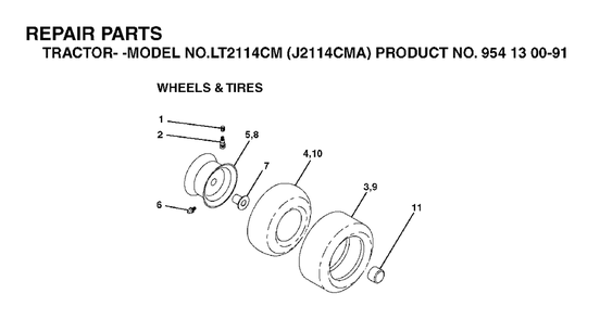 Wheels Tires Diagram and Parts List for LT2114CM (954130091)(2003-01) Jonsered Lawn Tractor