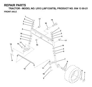 Front Axel Diagram and Parts List for LR13 (954130021)(1998-12) Jonsered Lawn Tractor