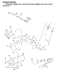 Mower Lift / Deck Lift Diagram and Parts List for ICT13A (954130040-D)(2001-02) Jonsered Lawn Tractor