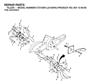 Tine Assembly Diagram and Parts List for CT2105R (954130096)(2003-01) Jonsered Tiller