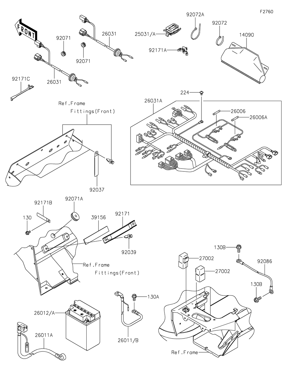 Chassis Electrical Equipment Diagram and Parts List for KAF400BEF 2014 Kawasaki Lawn Tractor Accessories