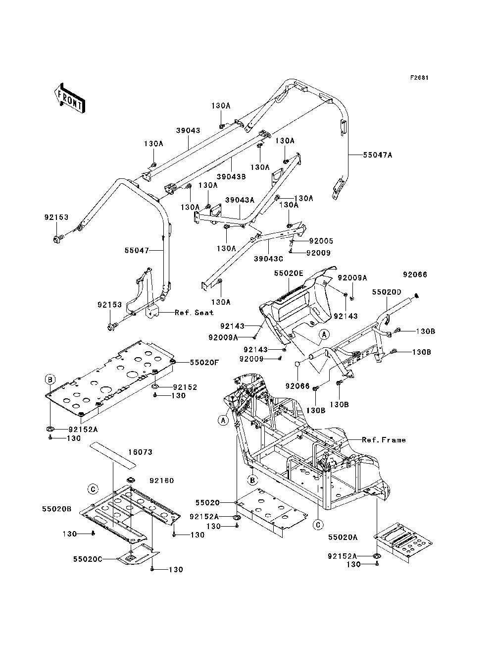 Guards/Cab Frame Diagram and Parts List for KRF750TAF 2010 Kawasaki Lawn Tractor Accessories