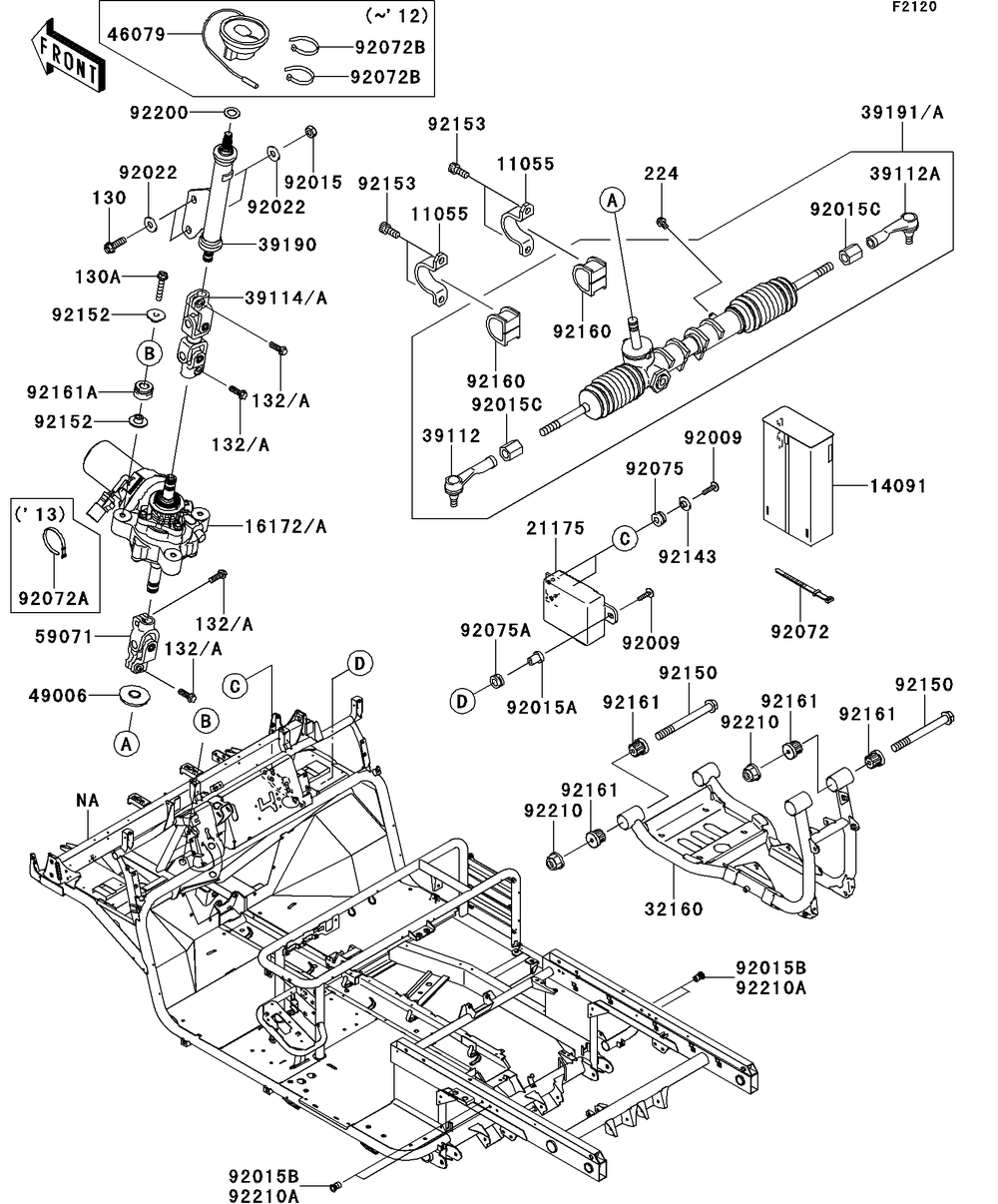 Frame Diagram and Parts List for KAF950GDF 2013 Kawasaki Lawn Tractor Accessories