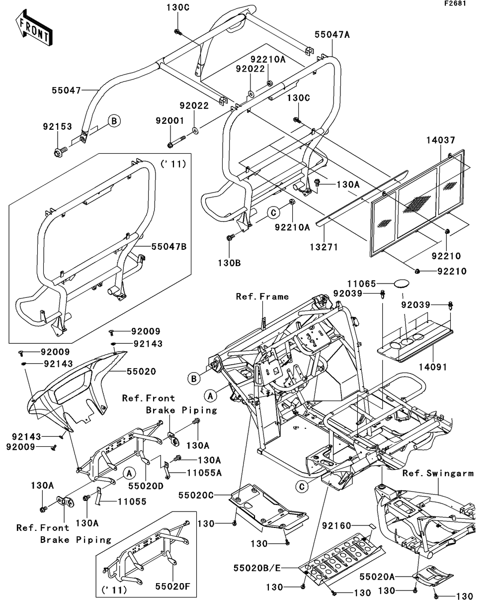 Guards/Cab Frame Diagram and Parts List for KAF400AFF 2015 Kawasaki Lawn Tractor Accessories