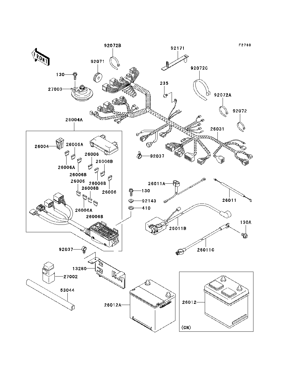 Chassis Electrical Equipment Diagram and Parts List for KAF950D8F 2008 Kawasaki Lawn Tractor Accessories