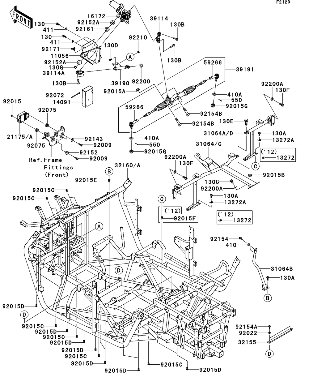 Frame Diagram and Parts List for KRT750BCF 2012 Kawasaki Lawn Tractor Accessories