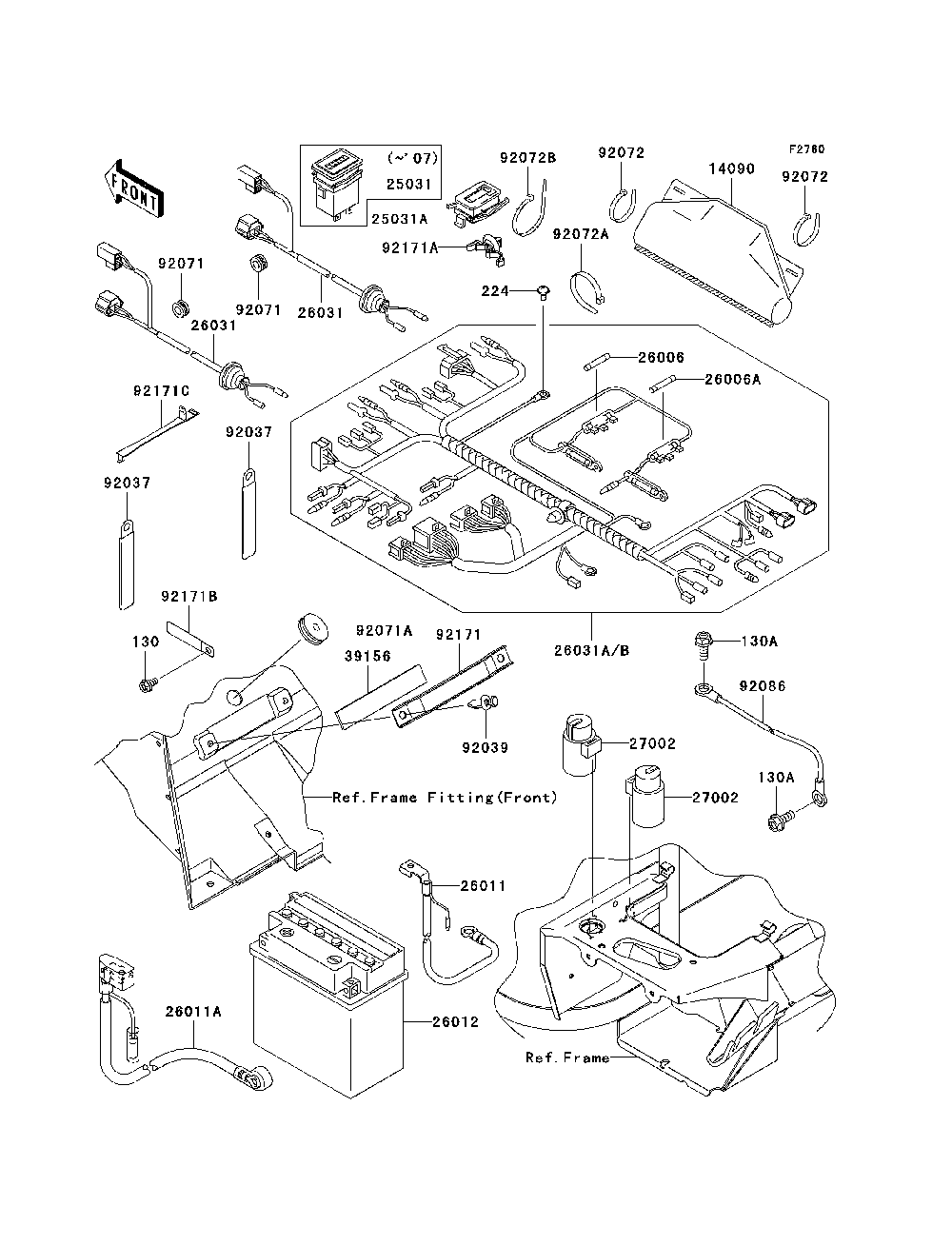 Chassis Electrical Equipment Diagram and Parts List for KAF400A7F 2007 & Prior Kawasaki Lawn Tractor Accessories