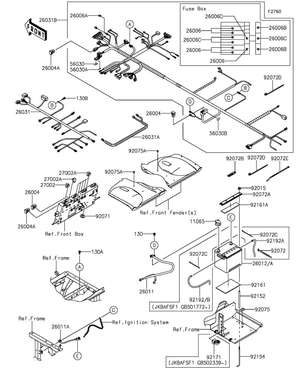 Chassis Electrical Equipment Diagram and Parts List for KAF820FGF 2016 Kawasaki Lawn Tractor Accessories