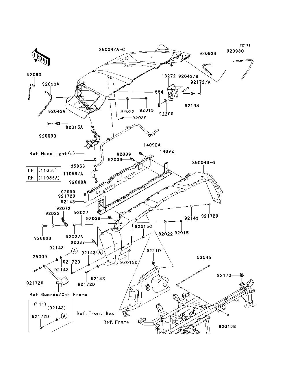 Front Fender Diagram and Parts List for KRF750VBF 2011 Kawasaki Lawn Tractor Accessories