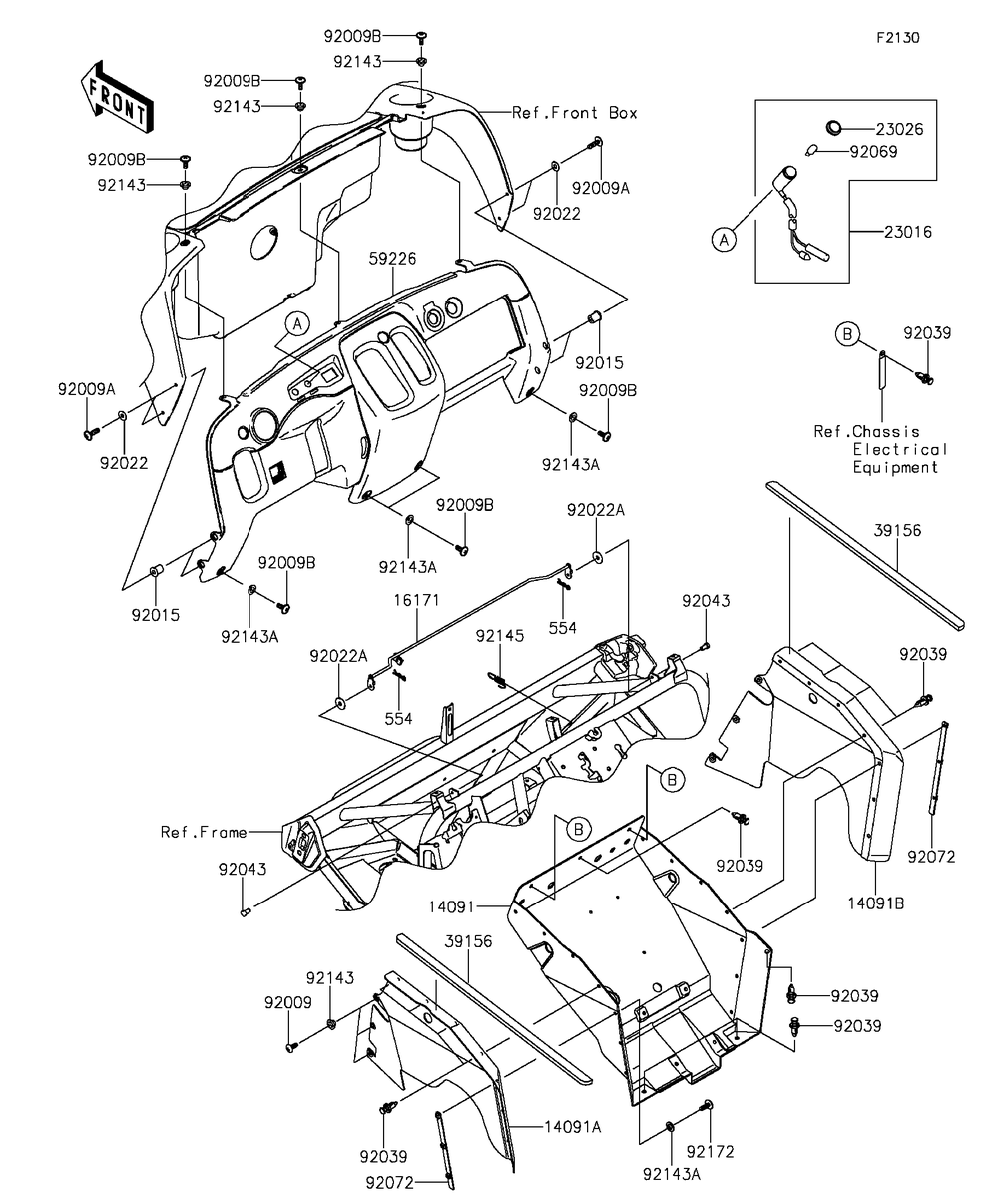 Frame Fittings Diagram and Parts List for KAF400EGF 2016 Kawasaki Lawn Tractor Accessories