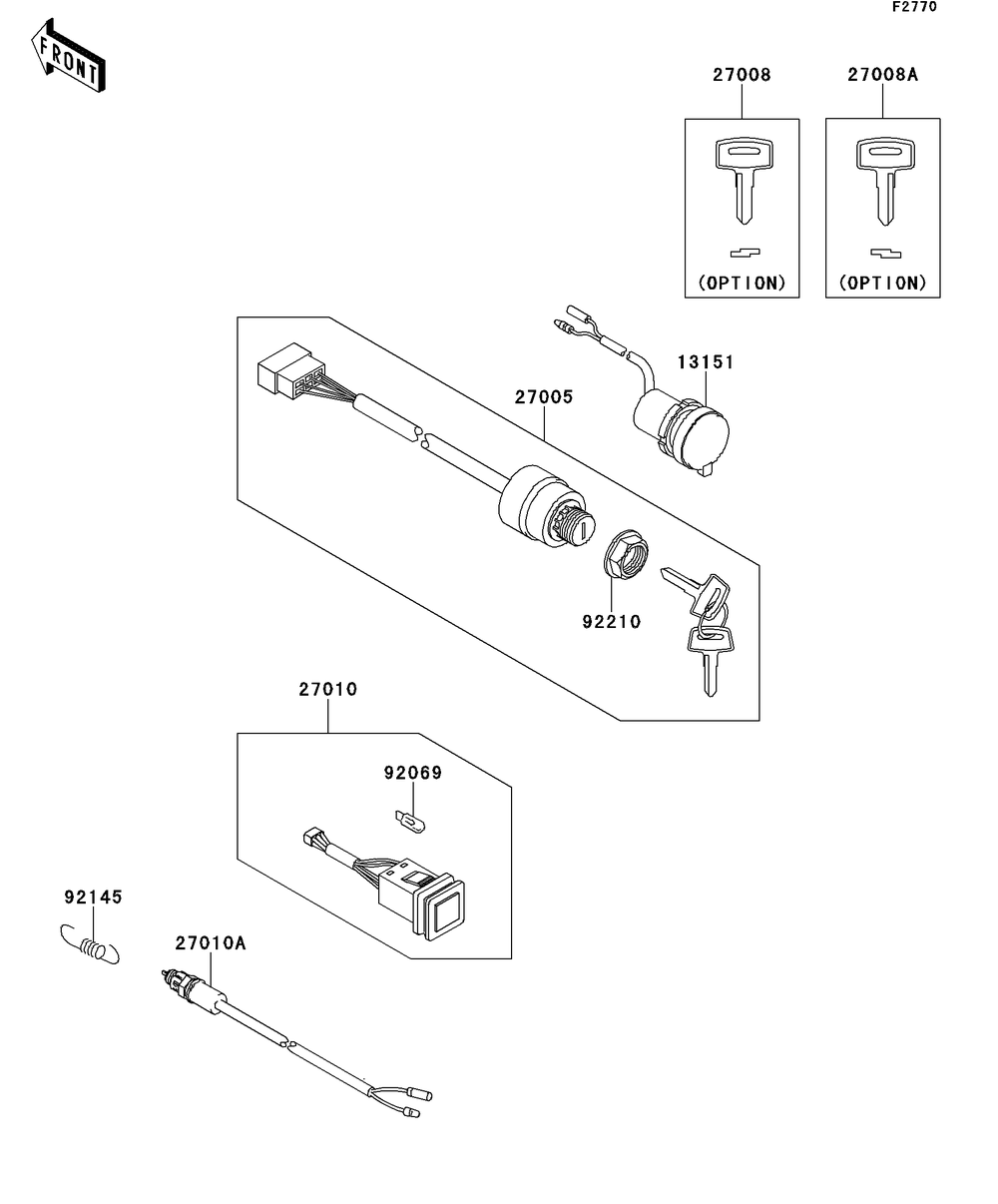 Ignition Switch Diagram and Parts List for KAF400BEF 2014 Kawasaki Lawn Tractor Accessories