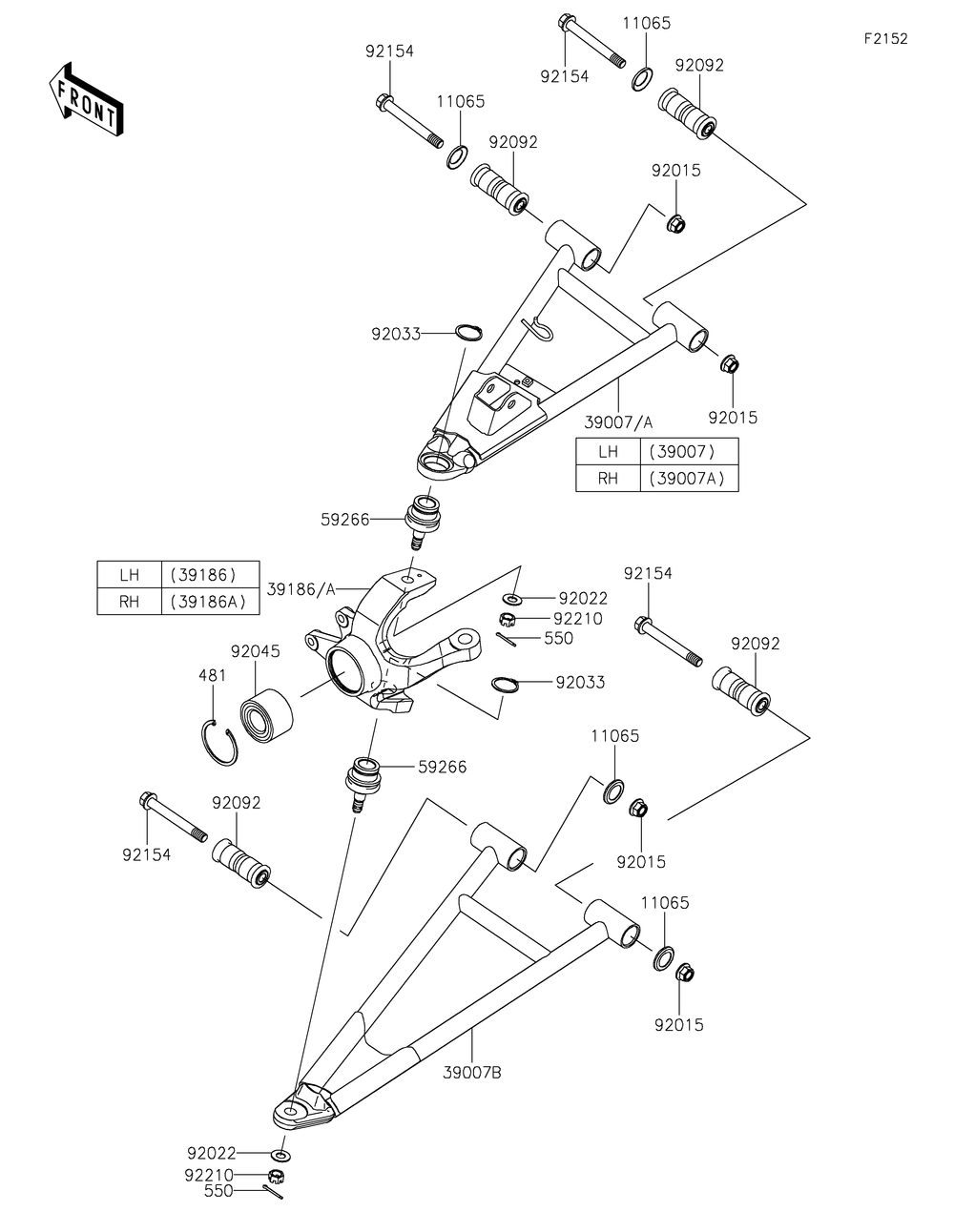 Front Suspension Diagram and Parts List for KAF820BJF 2018 Kawasaki Lawn Tractor Accessories