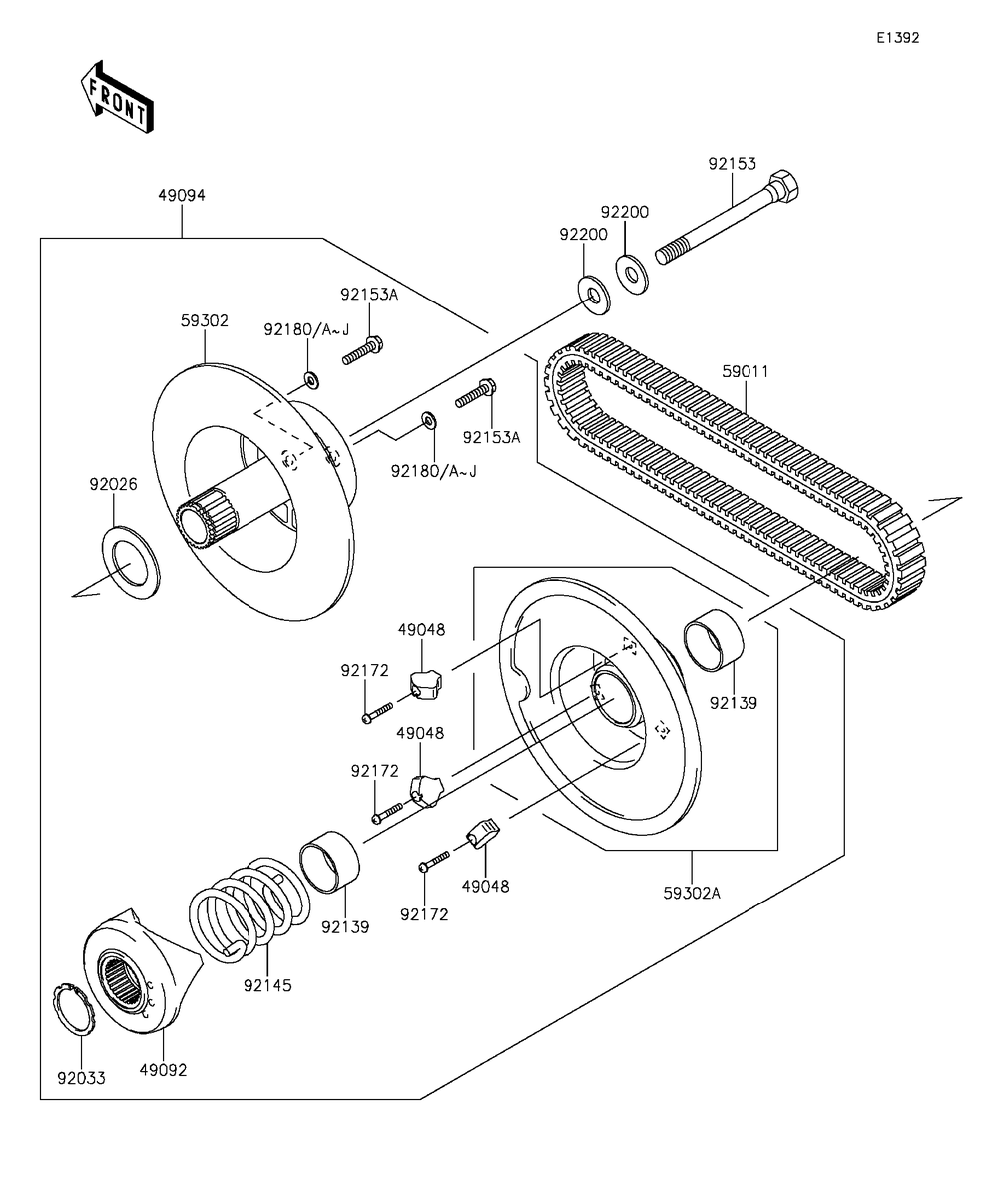 Driven Converter/Drive Belt Diagram and Parts List for KAF400EGF 2016 Kawasaki Lawn Tractor Accessories