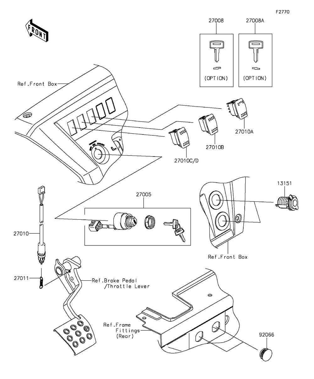 Ignition Switch Diagram and Parts List for KAF820BGF 2016 Kawasaki Lawn Tractor Accessories