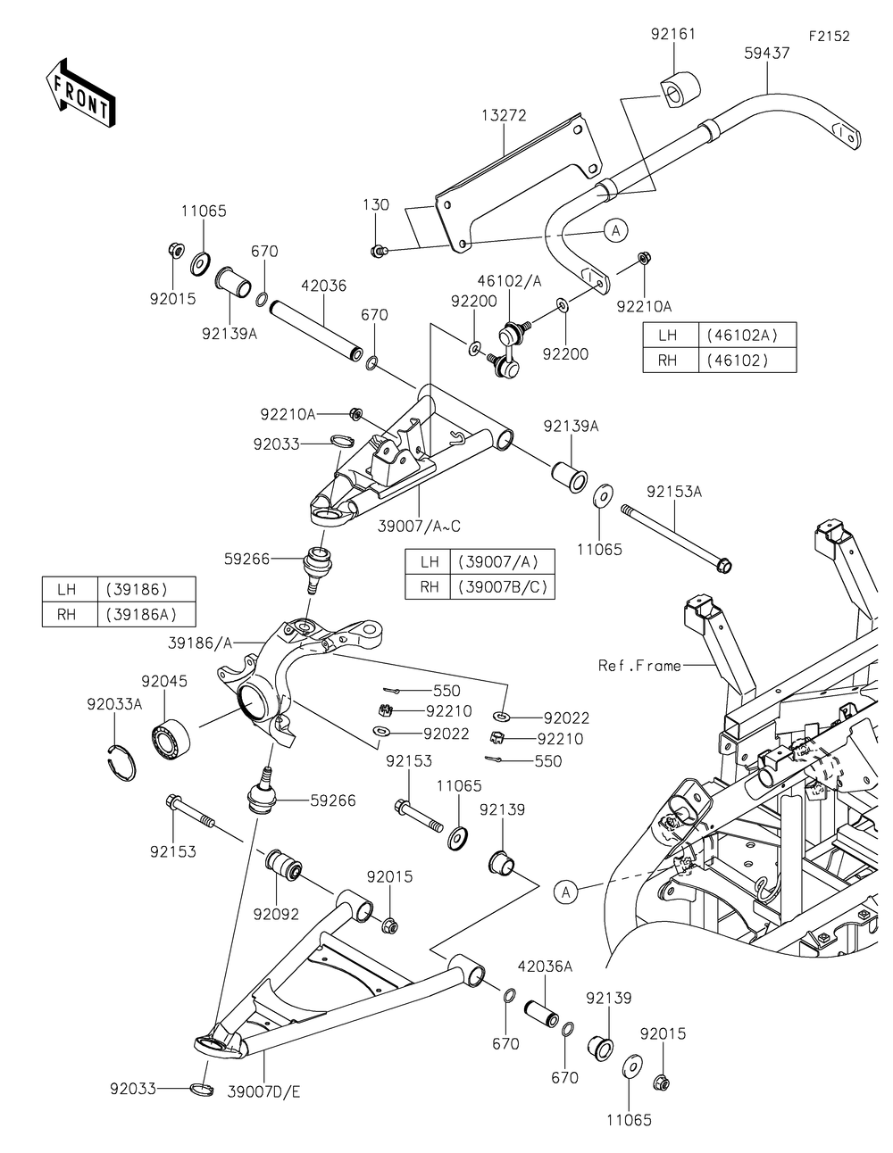 Front Suspension Diagram and Parts List for KRT800FPFNN 2023 Kawasaki Lawn Tractor Accessories