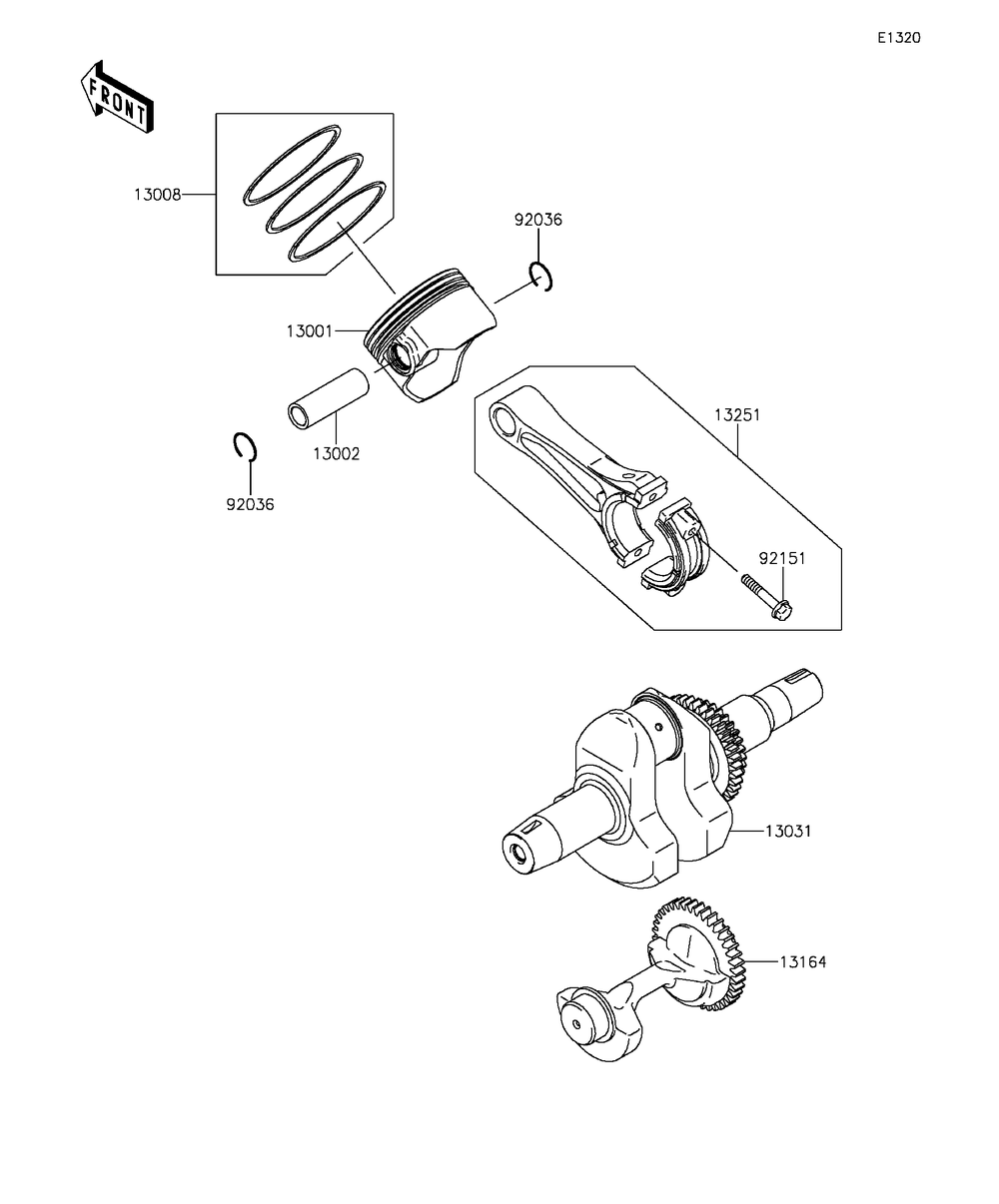 Crankshaft/Piston Diagram and Parts List for KAF400FGF 2016 Kawasaki Lawn Tractor Accessories