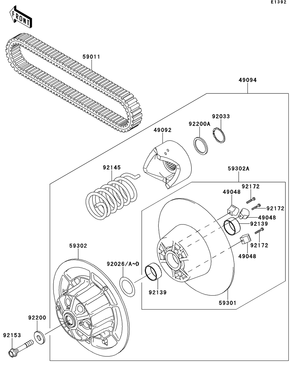 Driven Converter/Drive Belt Diagram and Parts List for KAF950GDF 2013 Kawasaki Lawn Tractor Accessories