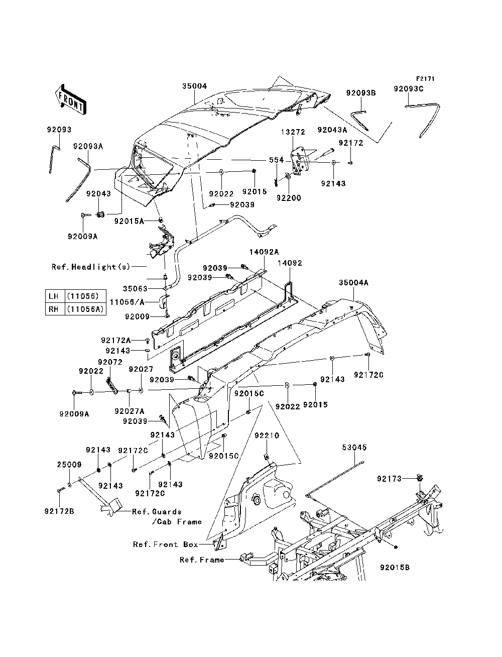 Front Fender Diagram and Parts List for KRF750RDF 2013 Kawasaki Lawn Tractor Accessories
