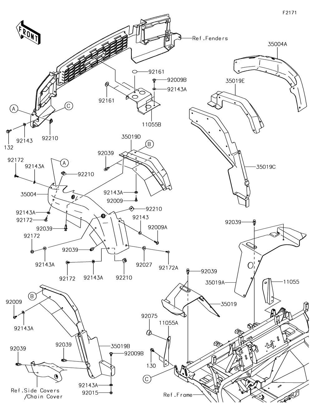 Front Fender Diagram and Parts List for KAF620XJF 2018 Kawasaki Lawn Tractor Accessories