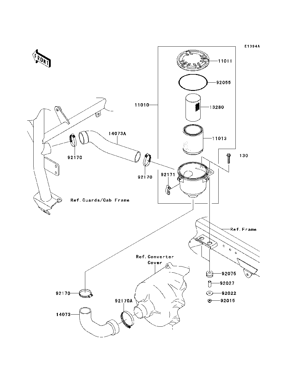 Air Cleaner-Belt Converter Diagram and Parts List for KAF620MDF 2013 Kawasaki Lawn Tractor Accessories