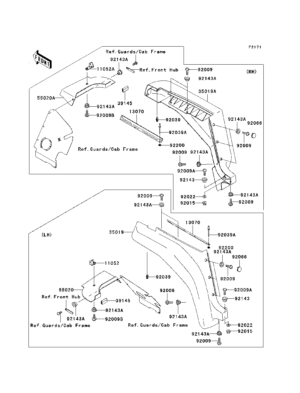 Front Fender Diagram and Parts List for KAF620H7F 2007 & Prior Kawasaki Lawn Tractor Accessories