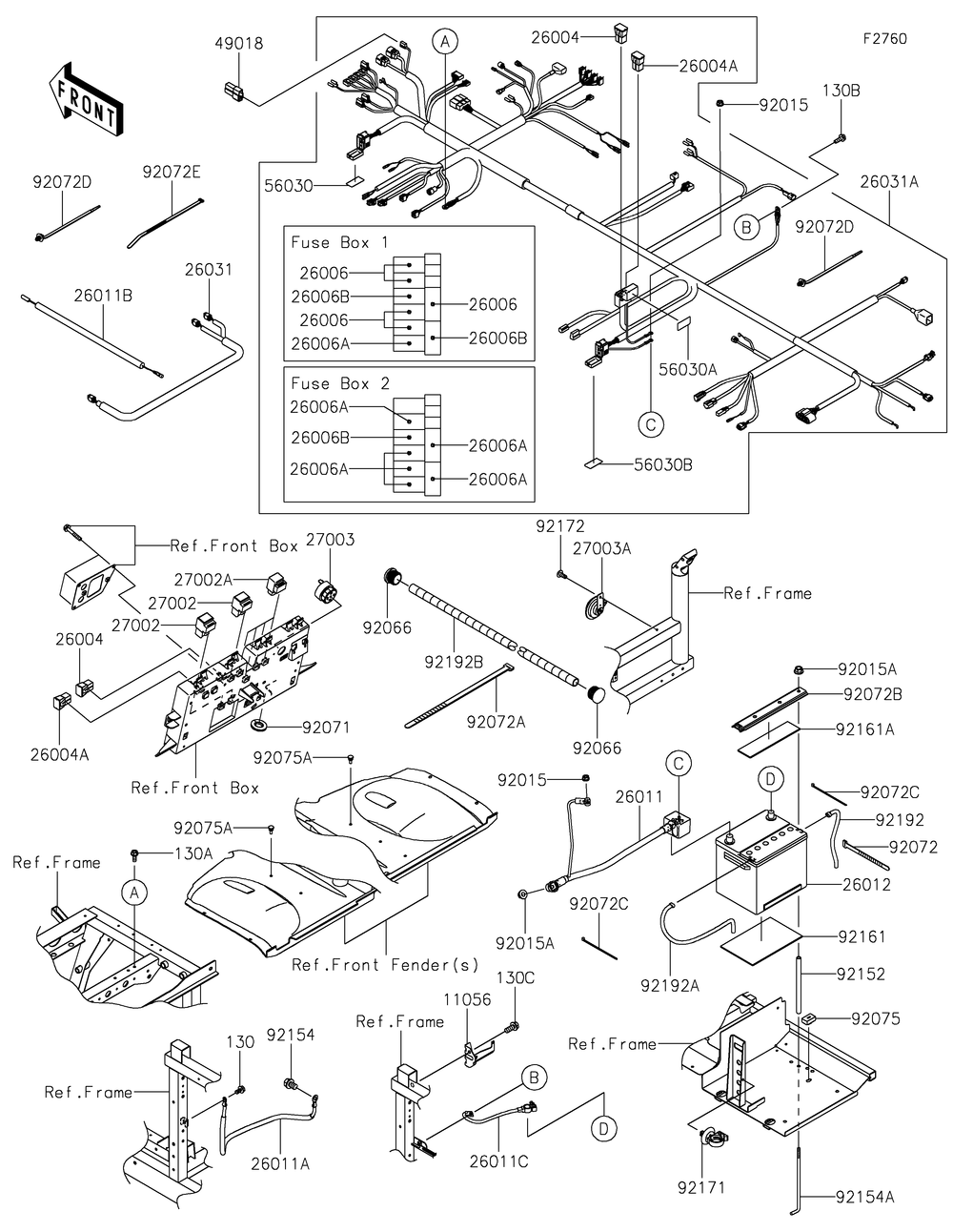 Chassis Electrical Equipment Diagram and Parts List for KAF1000JMFNN 2021 Kawasaki Lawn Tractor Accessories