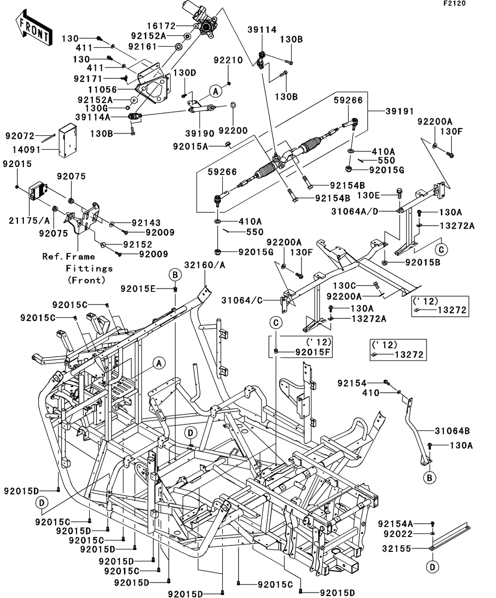 Frame Diagram and Parts List for KRT750DCF 2012 Kawasaki Lawn Tractor Accessories