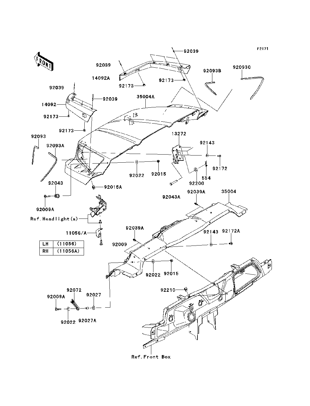 Front Fender Diagram and Parts List for KRT800BEF 2014 Kawasaki Lawn Tractor Accessories
