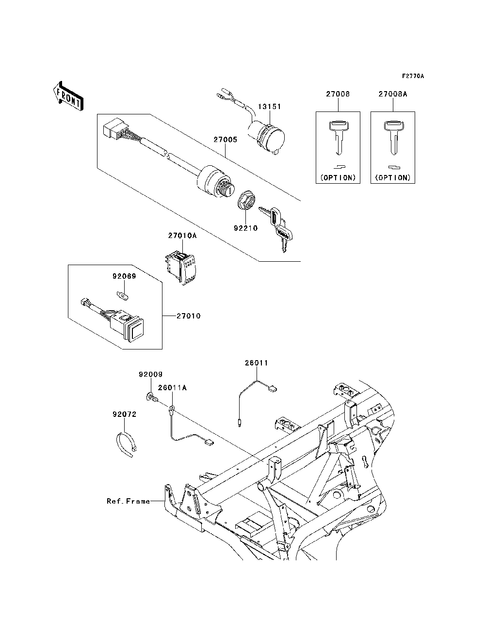 Ignition Switch Diagram and Parts List for KAF620MDF 2013 Kawasaki Lawn Tractor Accessories