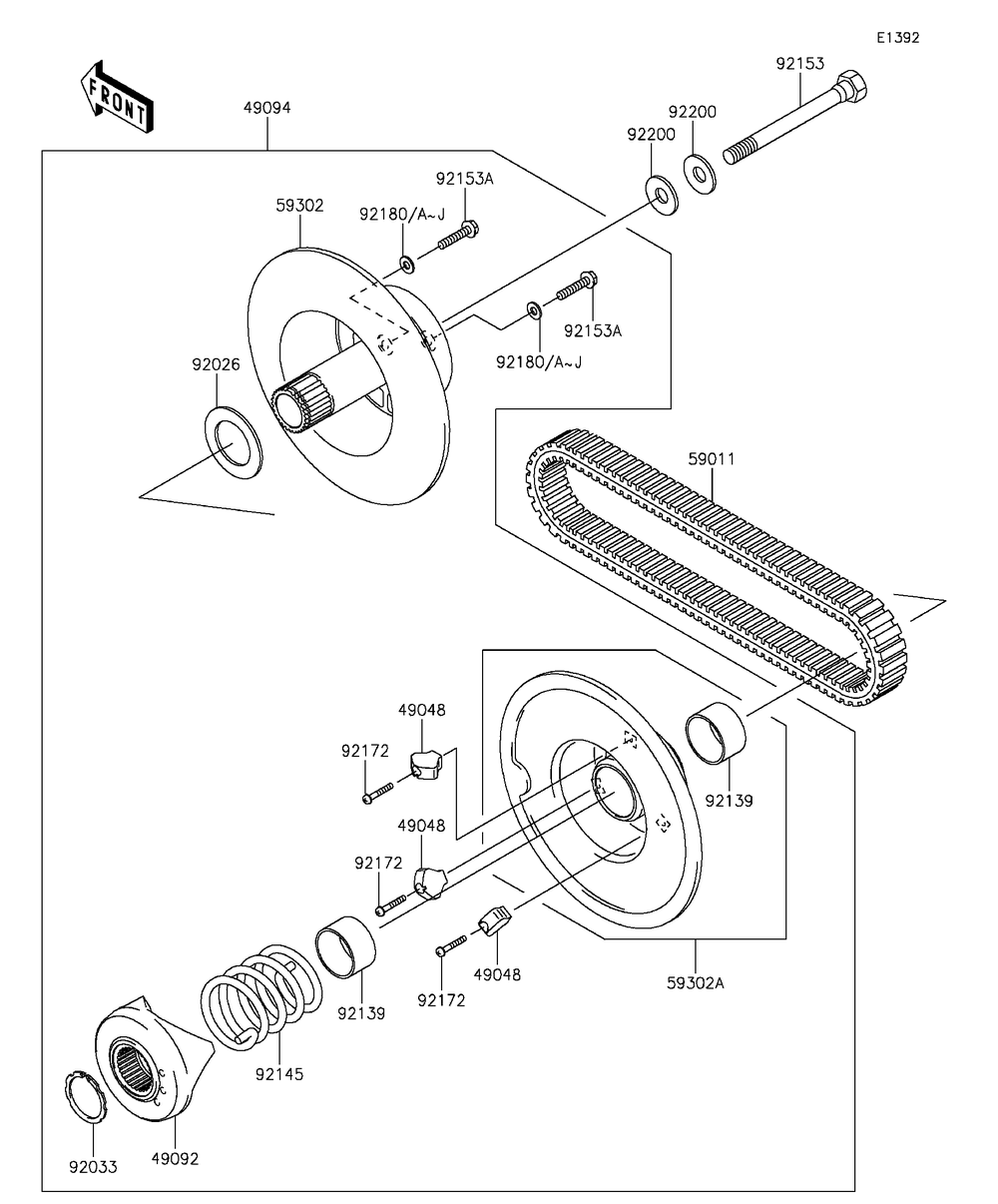 Driven Converter/Drive Belt Diagram and Parts List for KAF400AGF 2016 Kawasaki Lawn Tractor Accessories