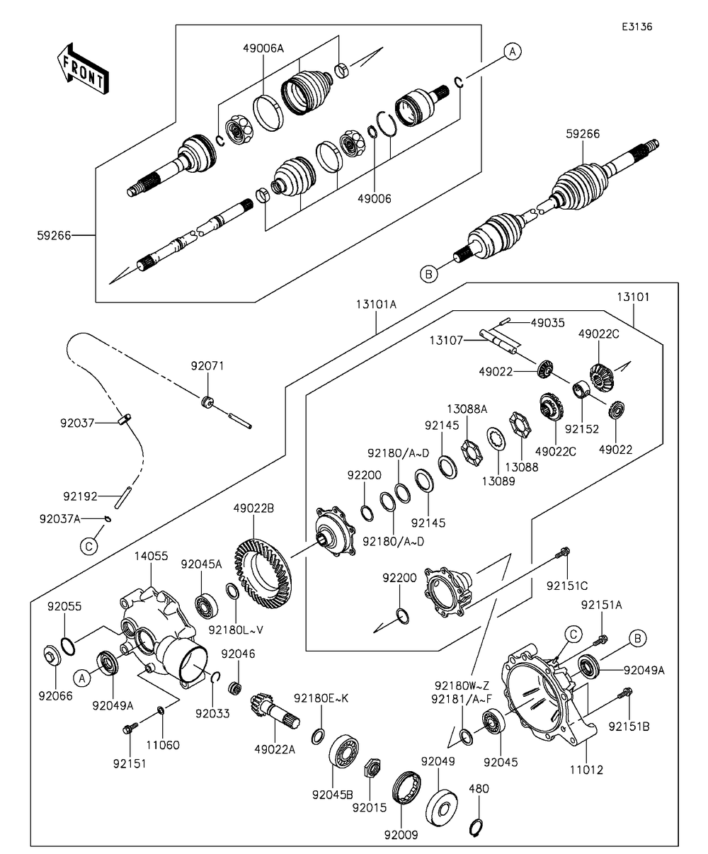 Drive Shaft-Front Diagram and Parts List for KAF400FGF 2016 Kawasaki Lawn Tractor Accessories