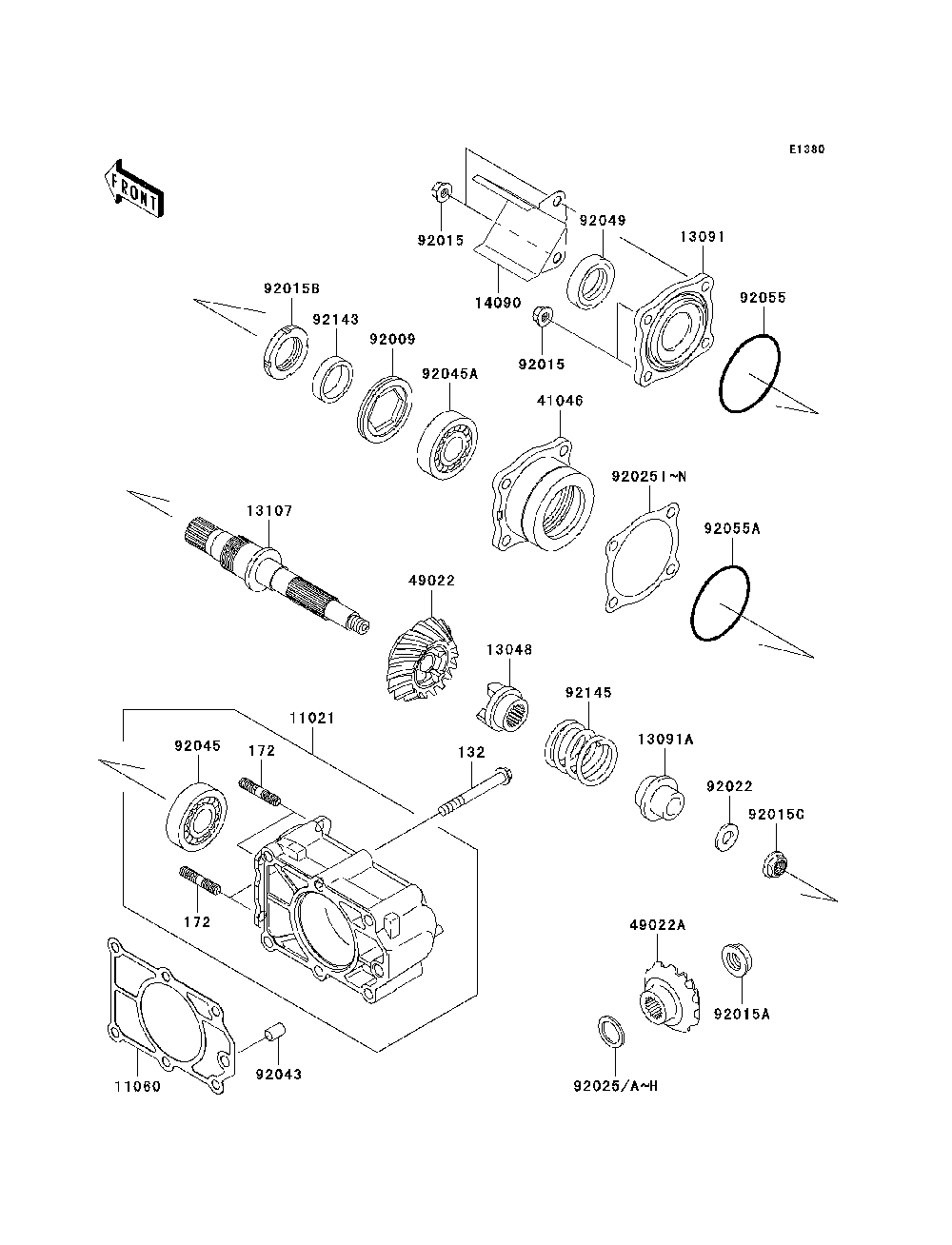 Bevel Gear Case Diagram and Parts List for KAF620K7F 2007 & Prior Kawasaki Lawn Tractor Accessories