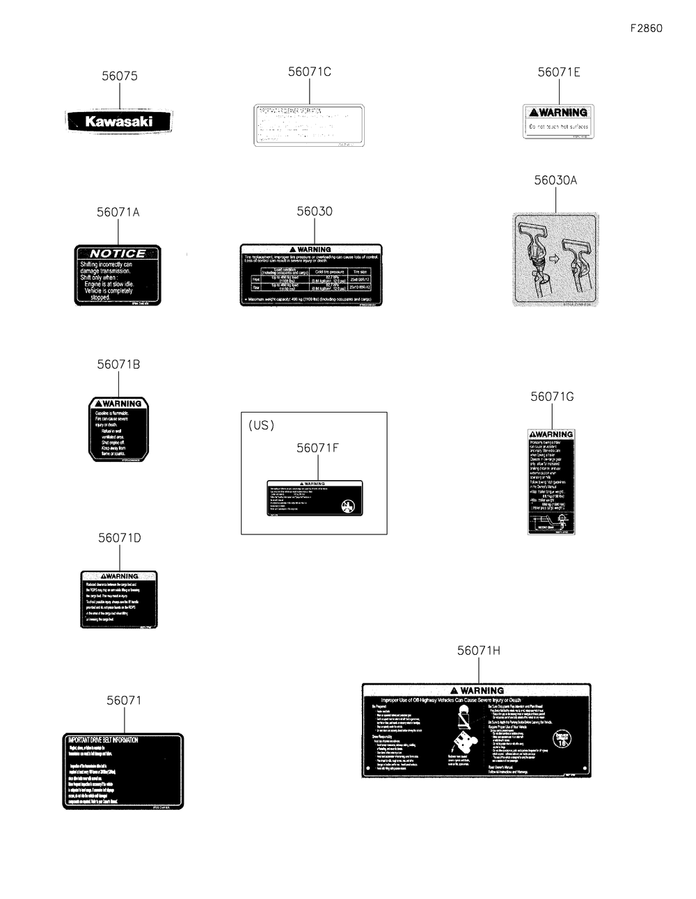 Labels Diagram and Parts List for KAF700FPFNN 2023 Kawasaki Lawn Tractor Accessories