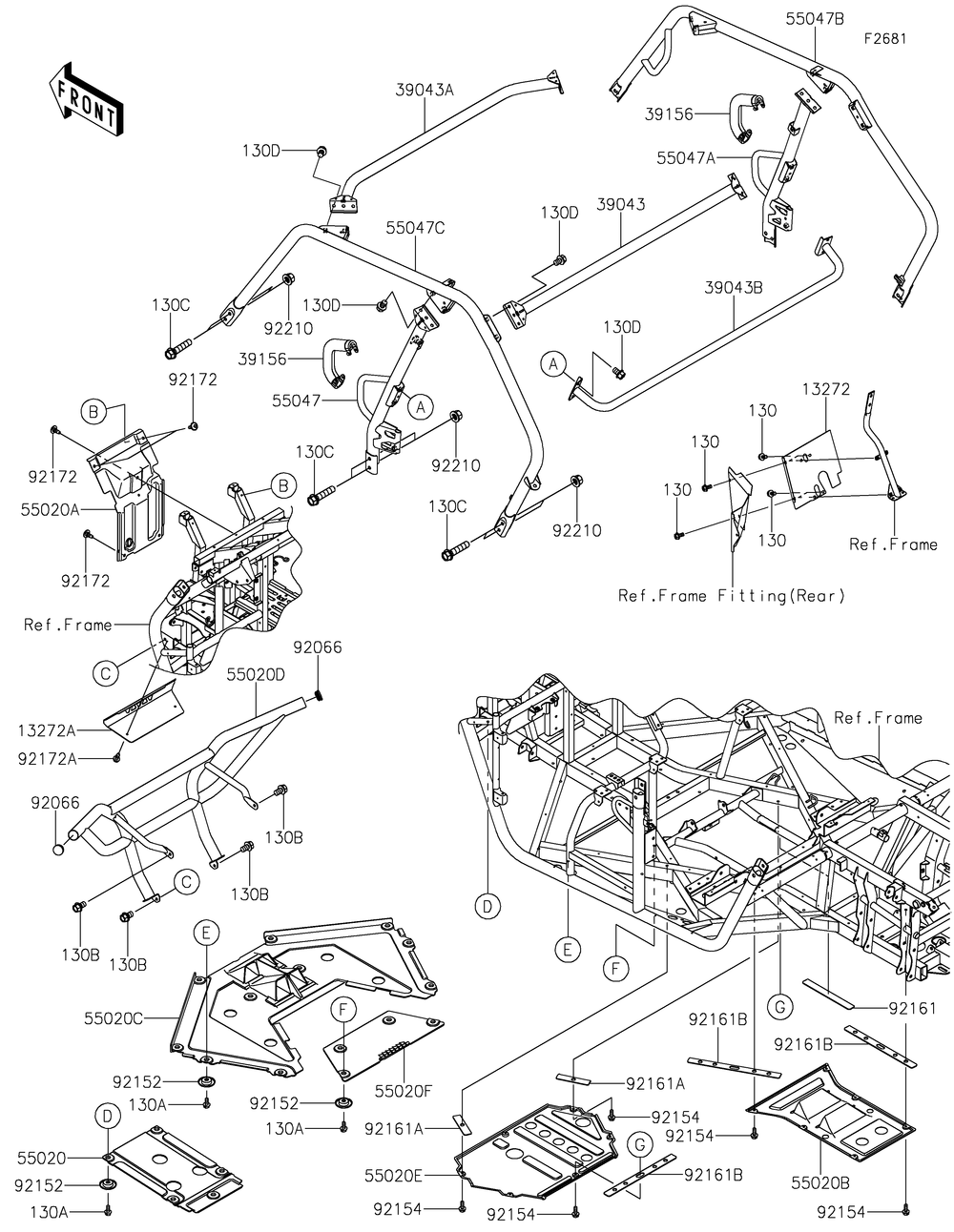 Guards/Cab Frame Diagram and Parts List for KRF800FNFNN 2022 Kawasaki Lawn Tractor Accessories