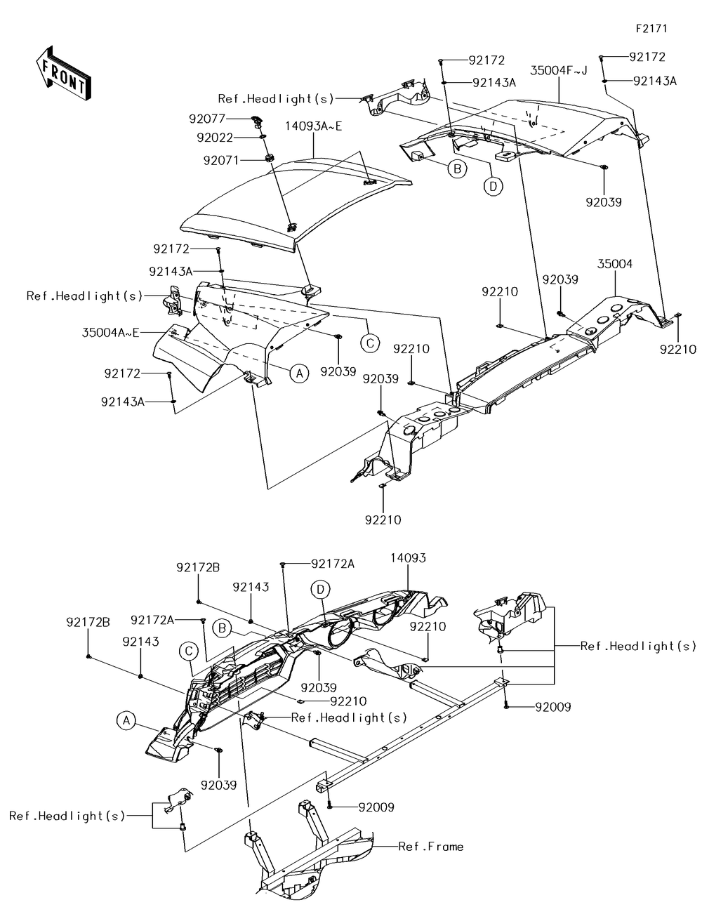 Front Fender Diagram and Parts List for KRF800GJF 2018 Kawasaki Lawn Tractor Accessories